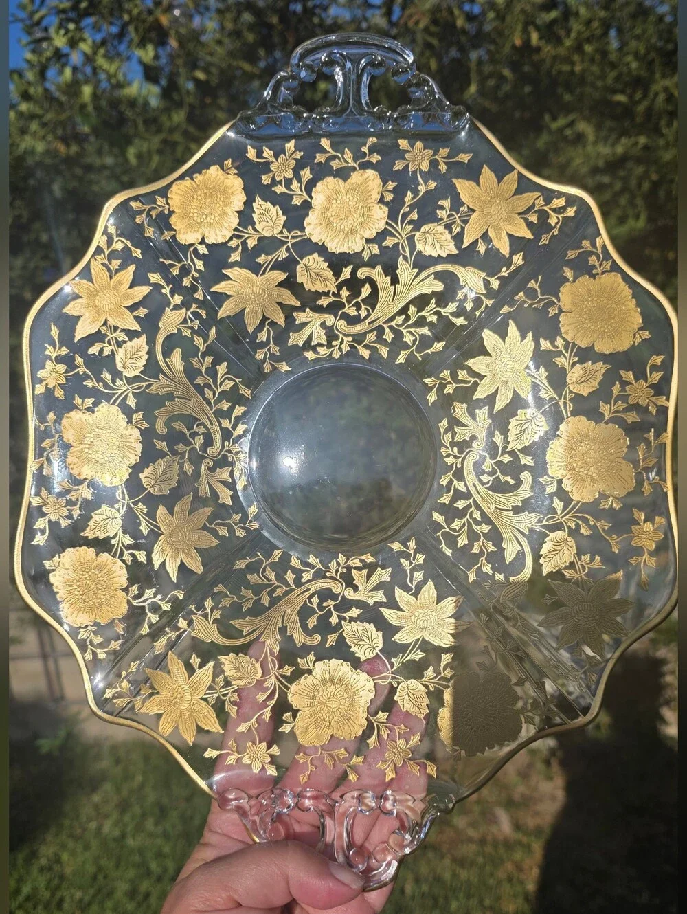Vintage 1930s Cambridge Glass Wildflower Gold Encrusted 2-Handled Platter